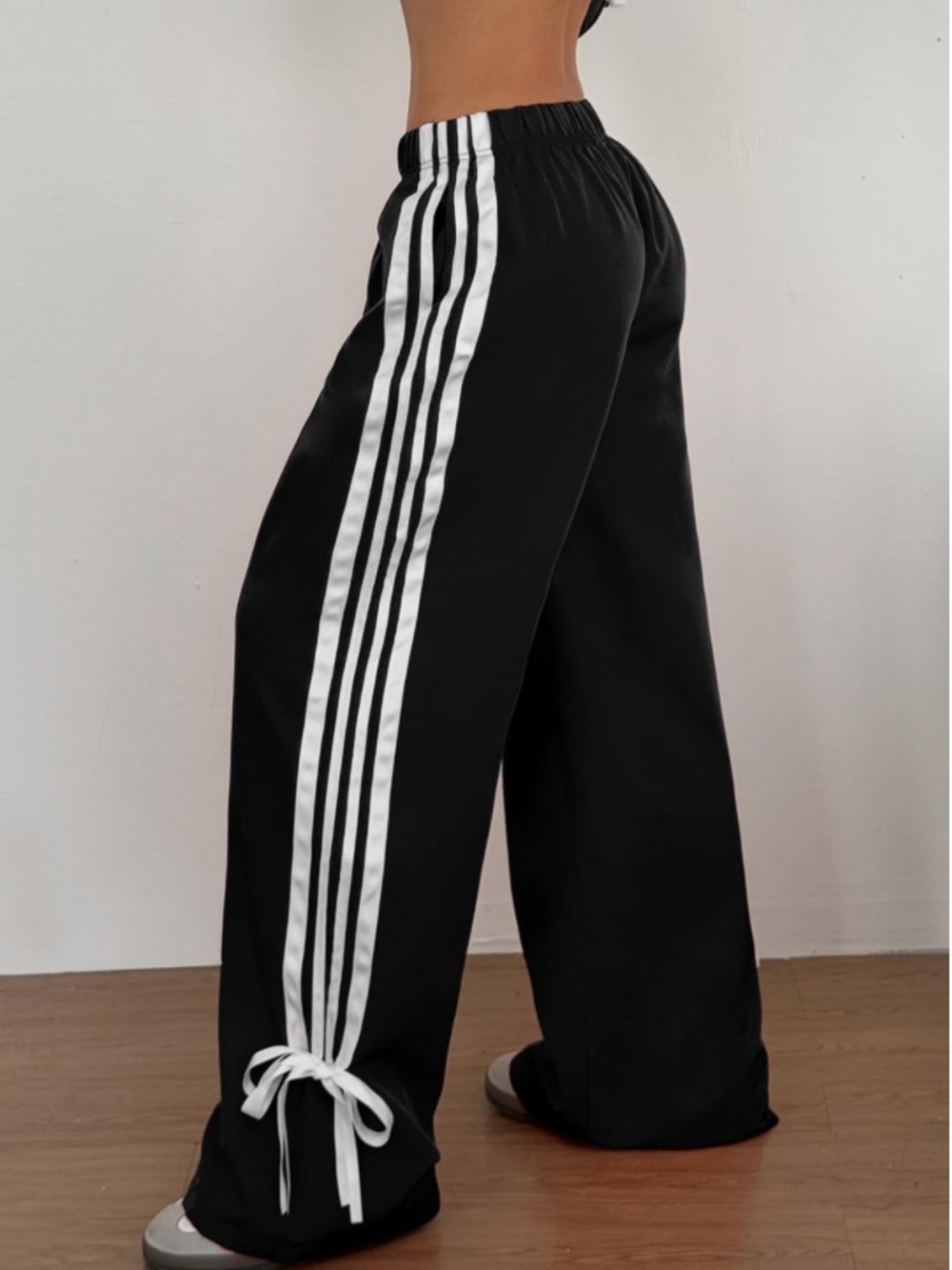 🎉Black Wide-Leg Track Pants with White Side Stripes